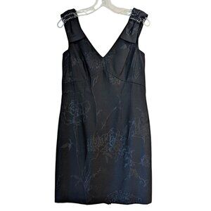 KAY UNGER Damask Sheath Cocktail Dress 10 Black Beaded Adorned Bow Strap